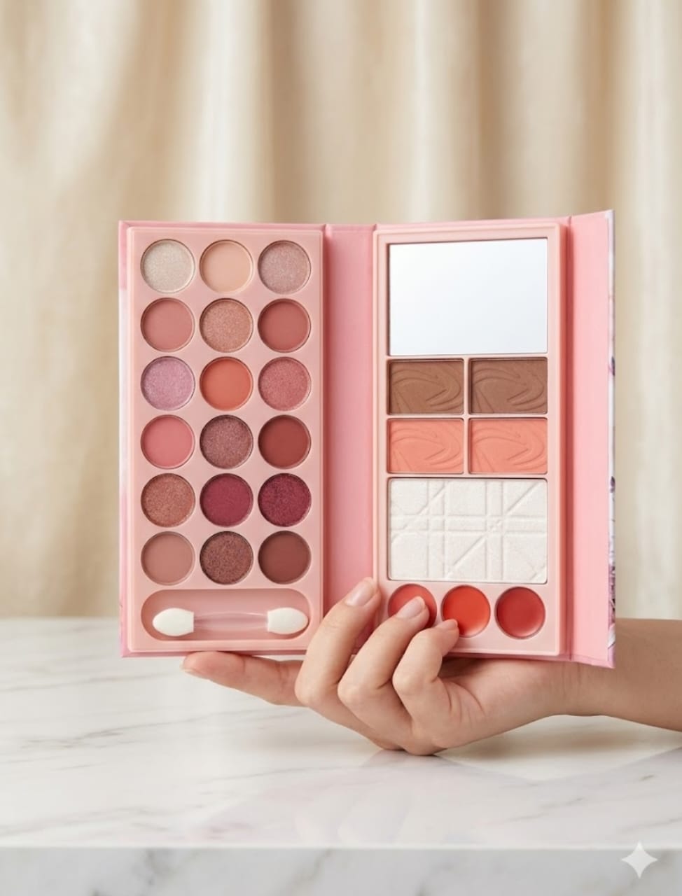 18-Color Pink Blossom Makeup Palette – Eyeshadow, Blush, Highlighter & Lip Colors All-in-One