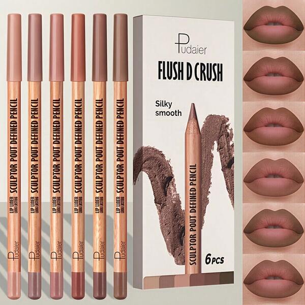 PUDAIER Flush D Crush Lip Liner Set | 6PCS Waterproof Matte Lip Liner Pencils