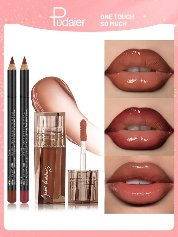 PUDAIER 3D Lip Gloss & Lip Liner Set (Red 01 + 03)