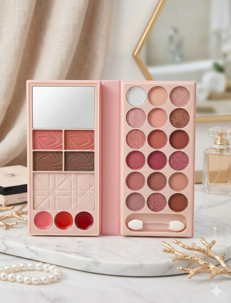 18-Color Pink Blossom Makeup Palette – Eyeshadow, Blush, Highlighter & Lip Colors All-in-One